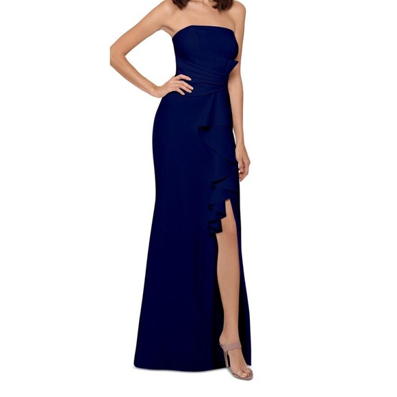 Betsy & Adam Ruffle Cascade Strapless Fit Flare Navy Prom Evening Gown Dress 4 - Picture 1 of 16